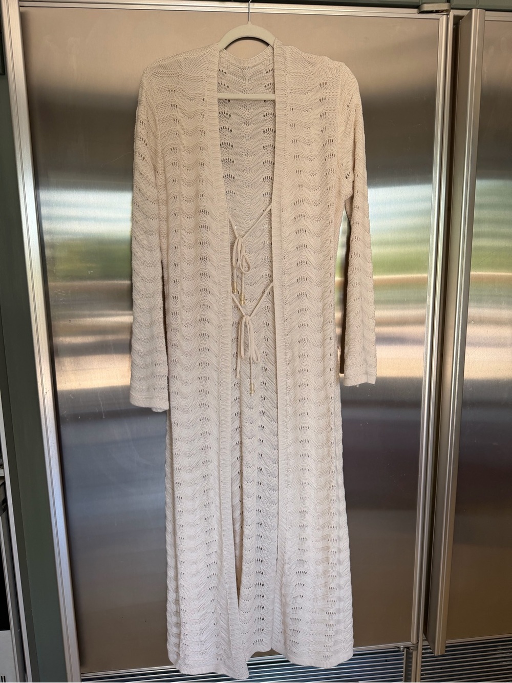 Long Cream Knit Open Cardigan with Tie Front